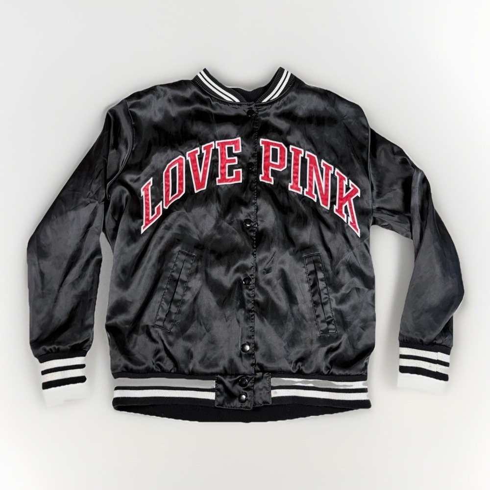 Victoria's Secret PINK Black Satin Varsity Jacket Y2K Rare Logo Bomber‎ Sz XS